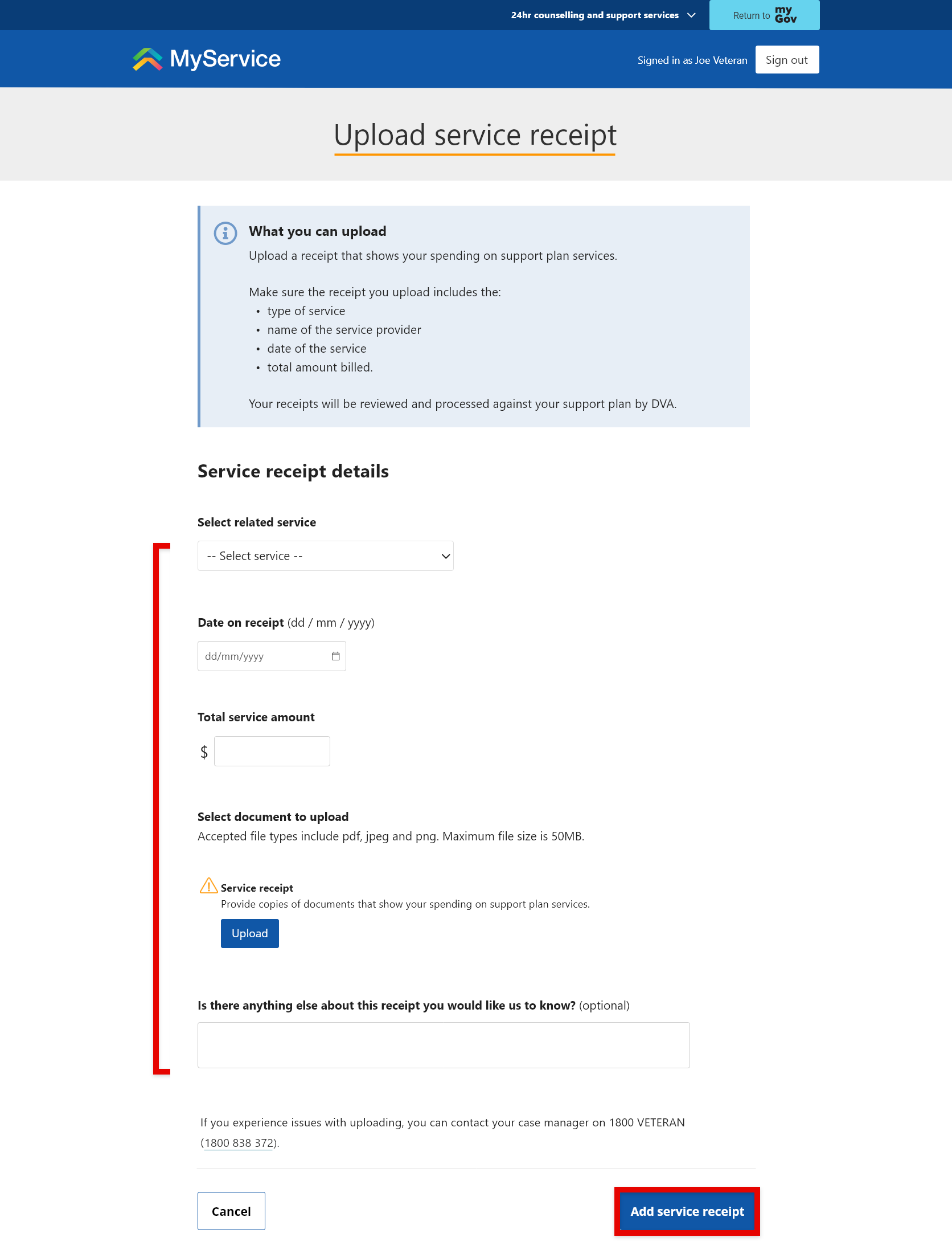 Upload service receipt' screen.