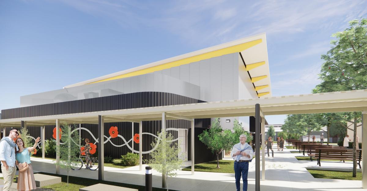 Architectural render drawing of modern angular building
