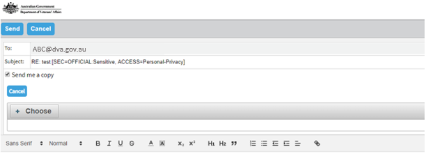Screenshot showing the Email being sent showing your email address and every other email address. User and selects the button Choose and then selects the file to send.