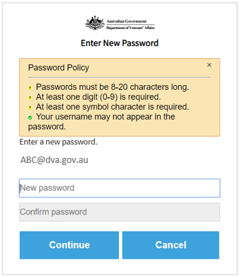 Screenshot showing, Enter New Password form showing fillable password field. User types the new password with the following conditions, length of the Password is 8-20 characters, At least one digit 0-9,  At least one Symbol and user name may not appear in the password.