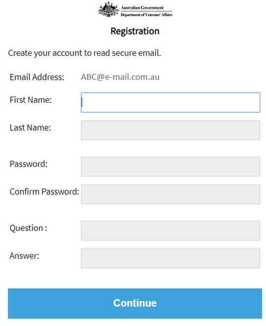 Screenshot of Registration form for first time users. Fillable fields (in order) are: First Name, Last Name, Password, Confirm Password, Question, Answer.