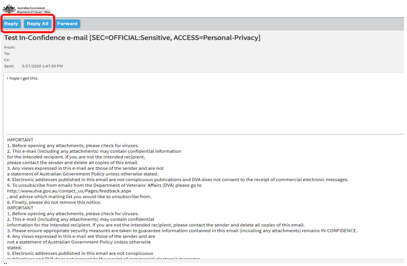 Screenshot showing the Email received showing your email address and every other email address. User uses option of either reply or reply all.