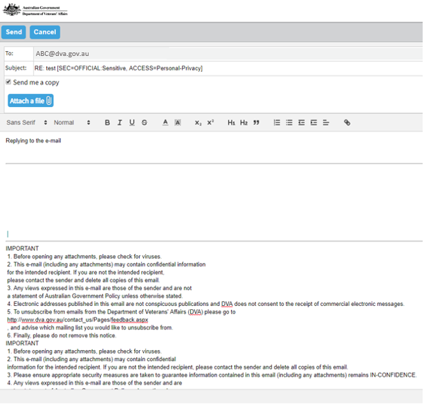 Screenshot showing the Email being sent showing your email address and every other email address. User types content in the email with an option of either reply or reply all.