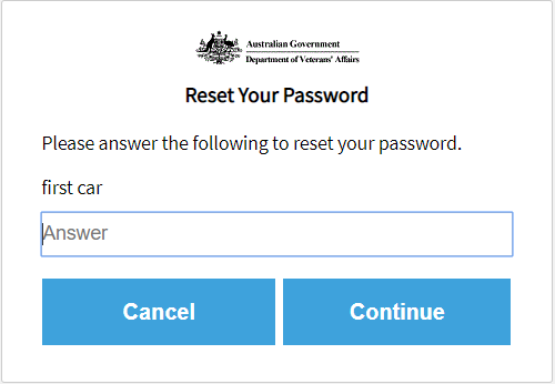 Screenshot showing the Reset your Password form showing a question and fillable field. User types the answer to the question to proceed.