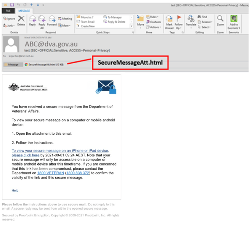 Example of a sensitive email sent from DVA containing the SecureMessageAtt.html attachment.