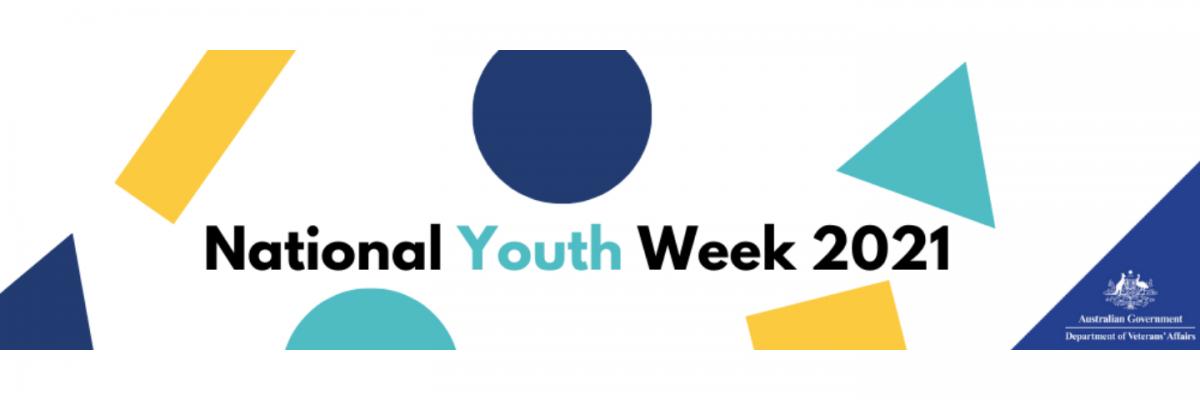 Image with words 'National Youth Week 2021' surrounded by colourful images of triangles, circles and rectangles with the DVA logo in the bottom right corner