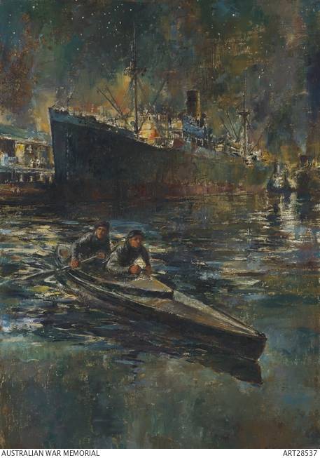 Painting of a canoe in foreground with moored ship in background, at night.