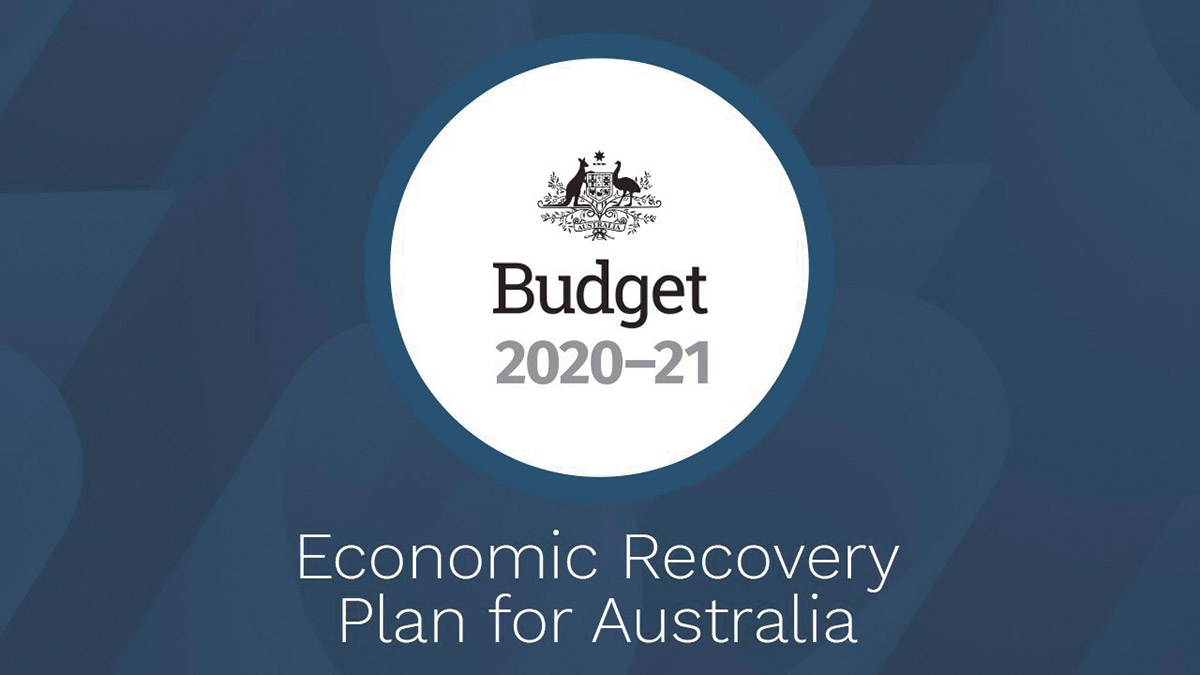 Logo saying Budget 2020-21, economic recovery plan for Australia
