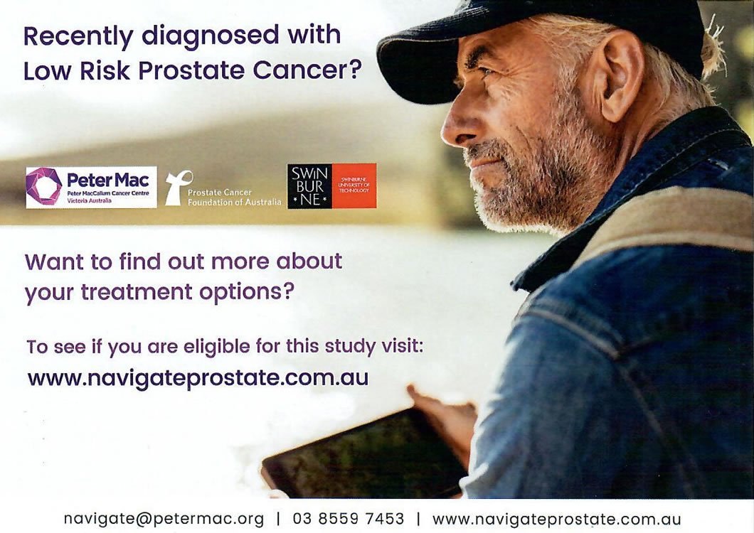Postcard of the Navigate Prostate Cancer campaign. An elderly man is sitting down, holding a tablet and wearing a denim jacket, black cap and backpack.