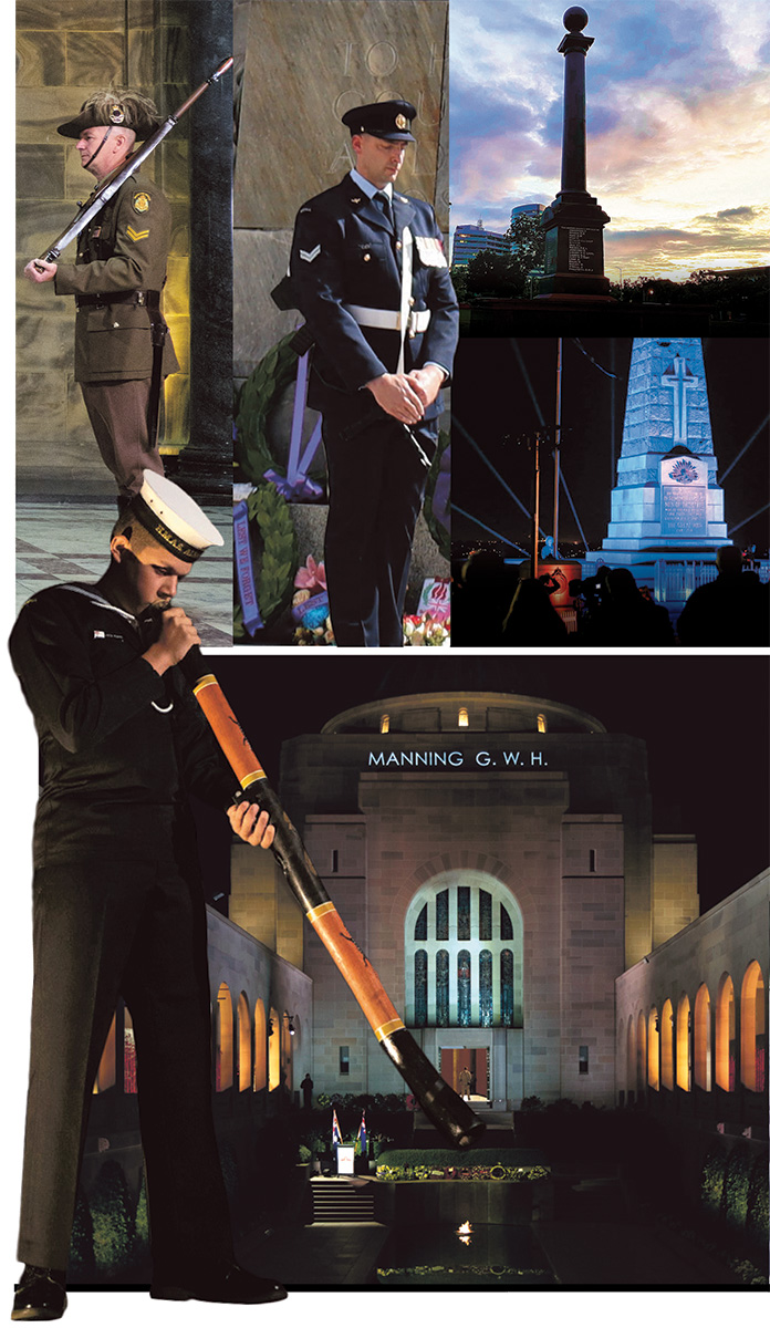 A man in an army uniform and another man in an RAAF uniform stand to attention at a cenotaph.