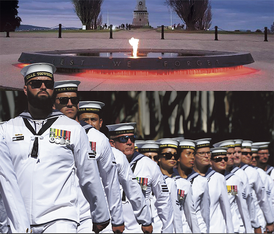 Men and women wearing navy uniforms stand to attention with the Hobart Cenotaph in the background