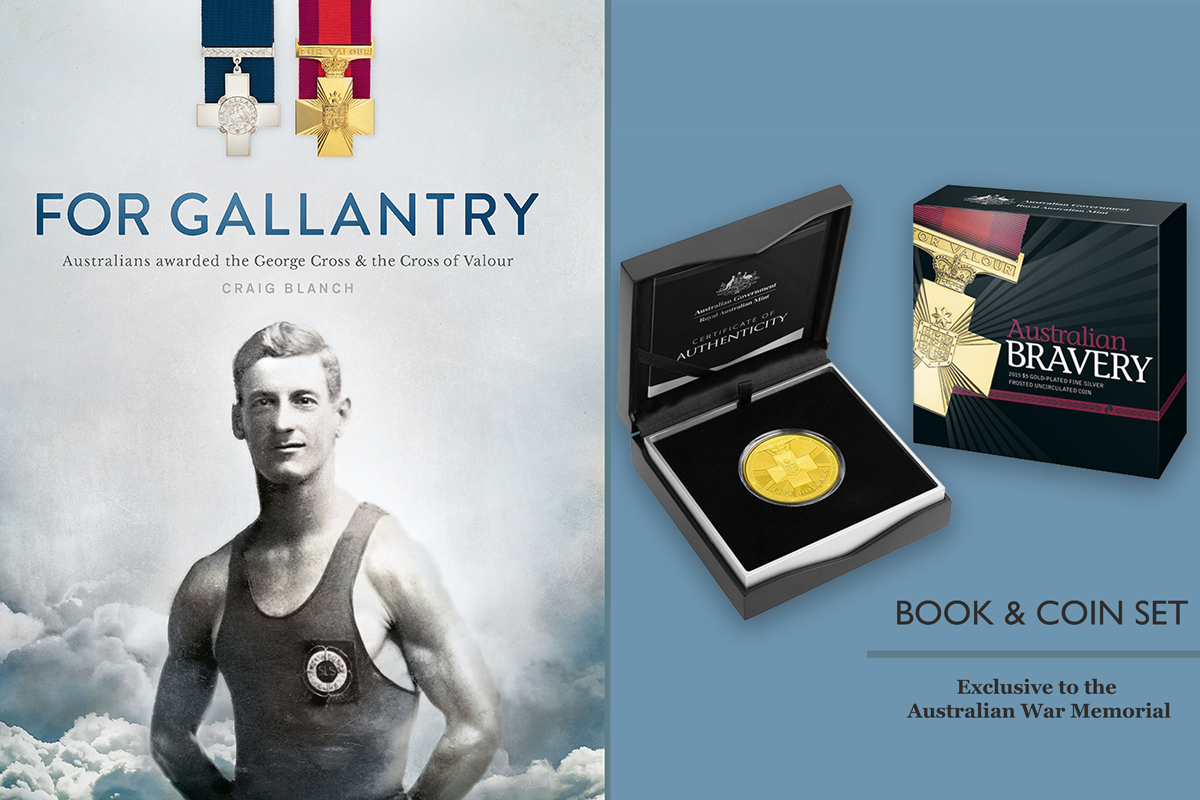 Cover of book ‘For Gallantry’ along with boxed gold coin set.
