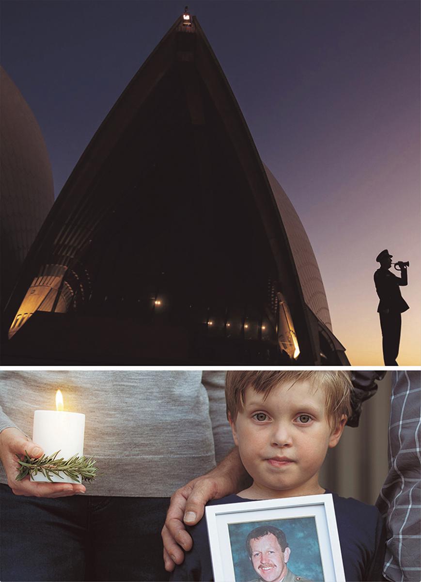 A bugler plays the trumpet against the backdrop of the Opera House at dawn. 