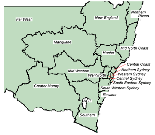 Map showing Veterans' Home Care regions in New South Wales