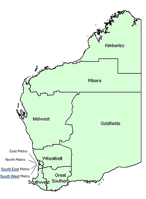 Map of Western Australian Veterans' Home Care regions
