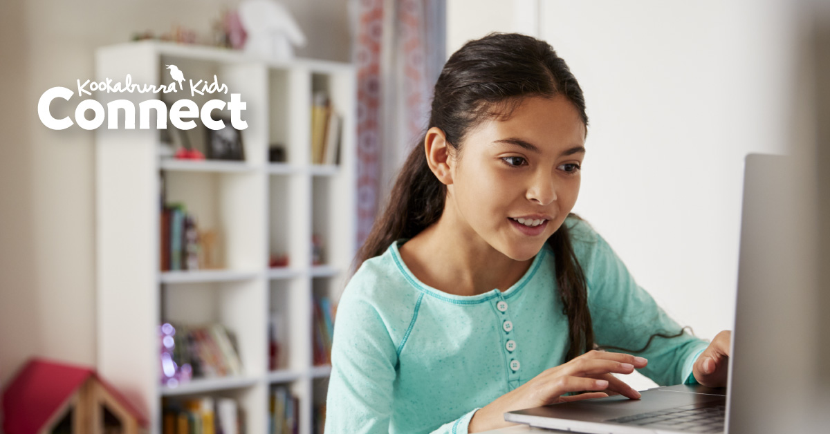 A girl working on a laptop computer with the Kookaburra Kids Connect logo superimposed.
