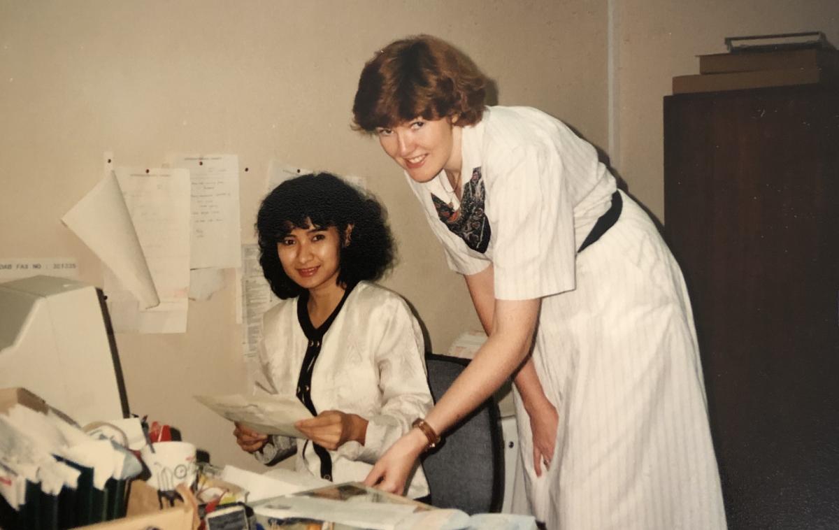Two women at a desk processing migration applications in the Australian Embassy in Jakarta, Indonesia, 1991.
