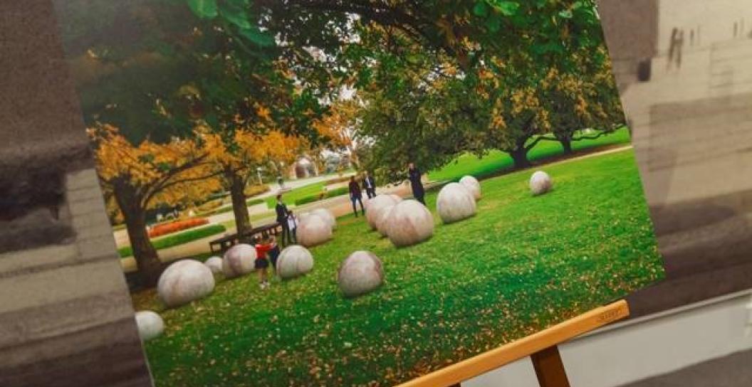 Photo of a photo on an easel showing a series of marble globules on grass