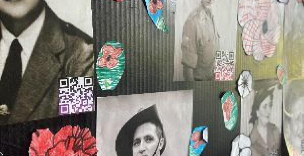 Wall collage of poppies and photos of WWII serving personnel
