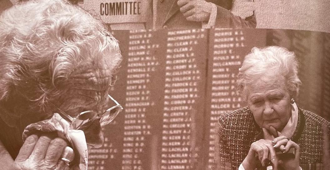 Part of montage showing two crying elderly women with scroll of honour in background