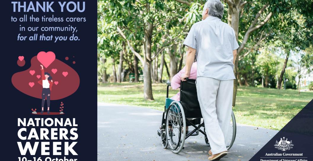 Thank you banner for National Carers Week on top of image of a Man walking person in wheelchair outside