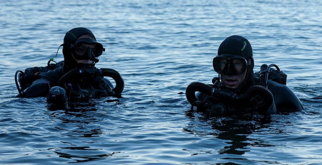 The heads and shoulders of two divers above the surface of the water