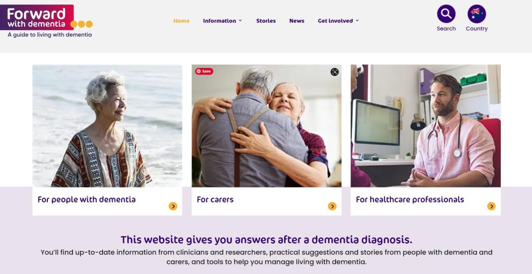 Website homepage for Forward with dementia