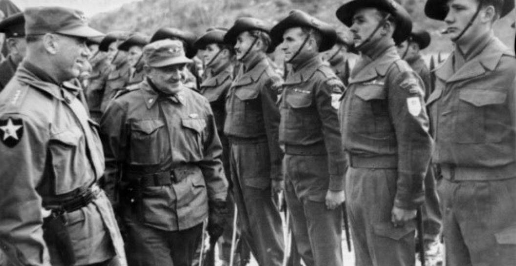 GENERAL J. VAN FLEET, GENERAL OFFICER COMMANDING, 8TH US ARMY (FAR LEFT) , INSPECTS UNIDENTIFIED MEMBERS OF THE 3RD BATTALION, ROYAL AUSTRALIAN REGIMENT