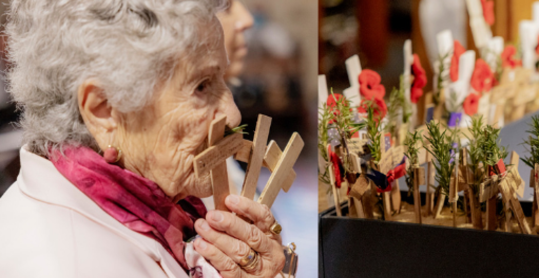 Part of montage showing an elderly woman kissing wooden crucifixes