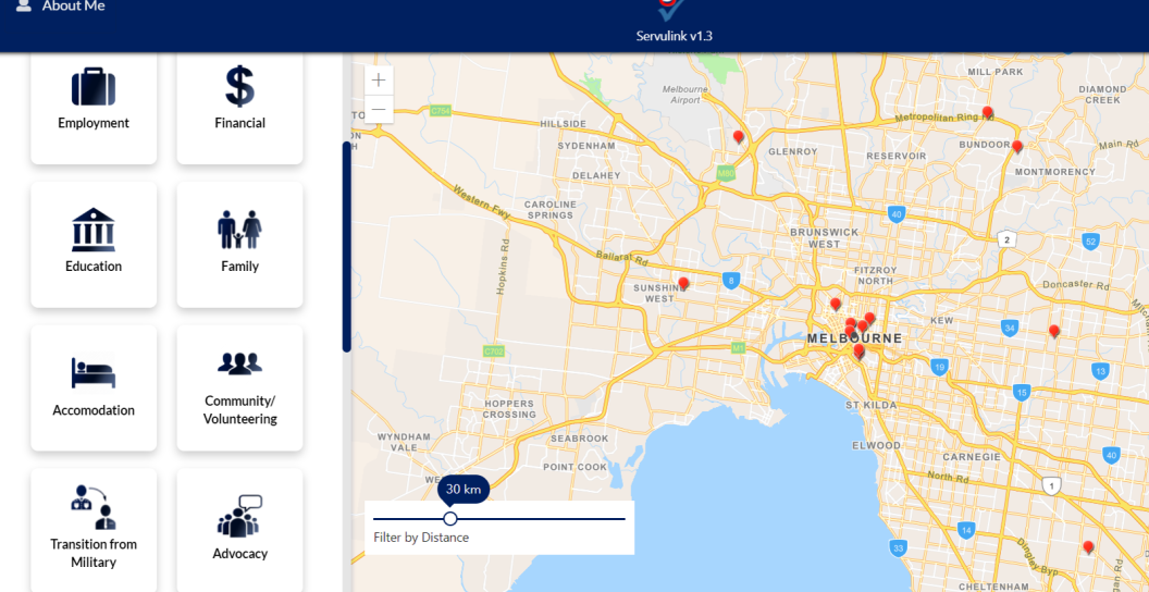 Screen shot of map of Melbourne with various menu buttons on the left side