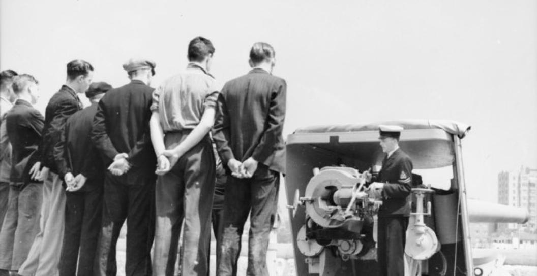 Naval reserve depot, Sydney - merchant servicemen receive instructions. (October 1939)
