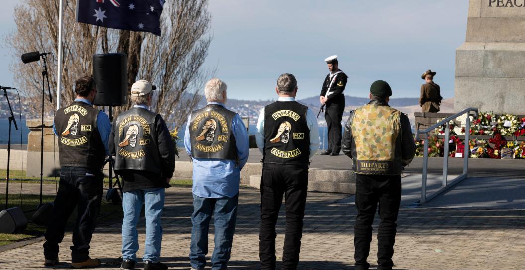 Members from the Vietnam Veterans Motorcycle Club at the Cenotaph during Vietnam Veterans Day commemorations, in Hobart, Tasmania