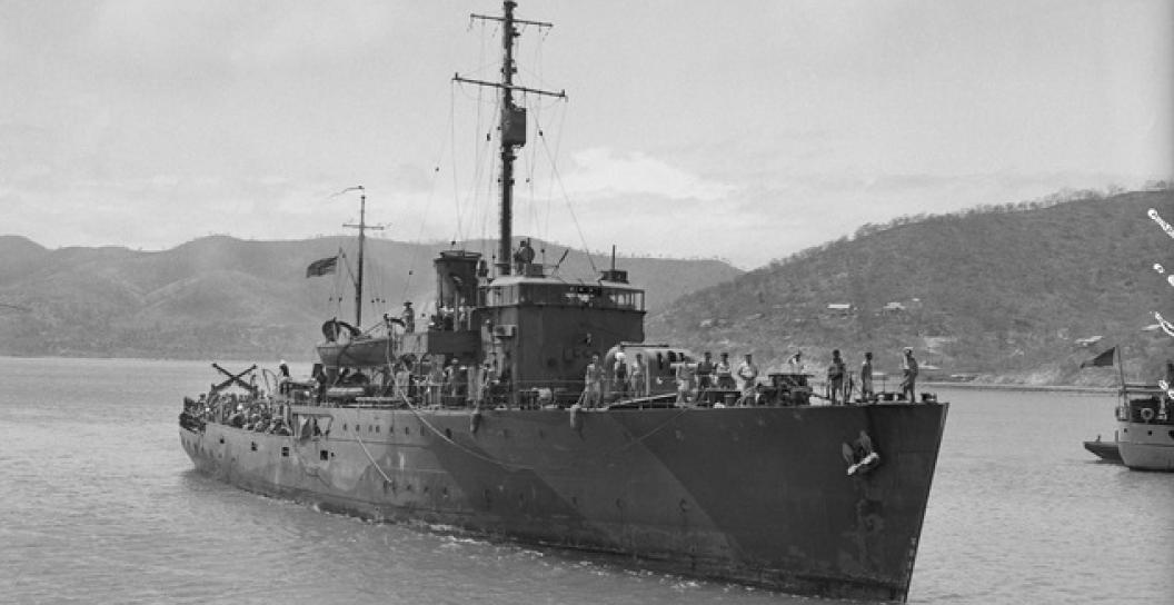 Second World War corvette coming into harbour