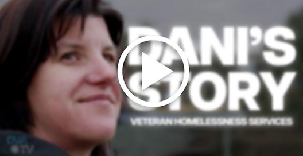 A middle-aged woman smiling with the DVA TV logo and the words: Danis story: Veteran Homelessness Story.