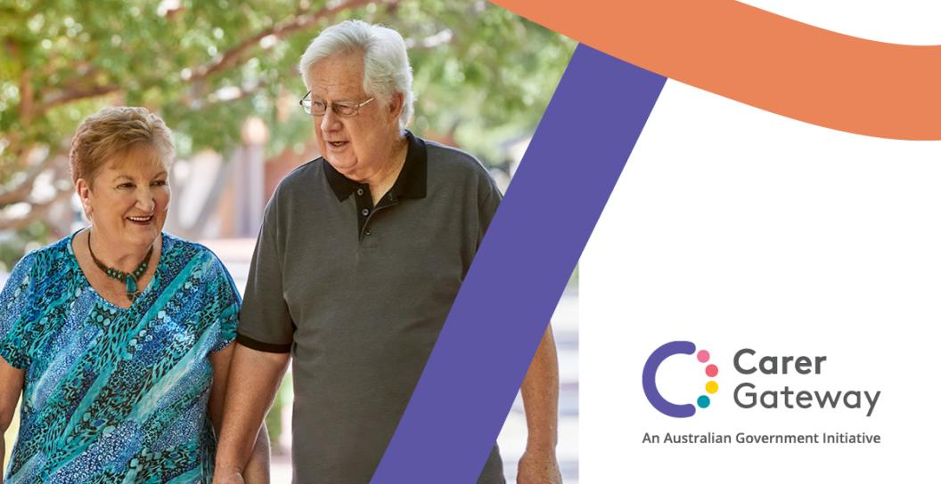 Two older people walking down a street, with Carer Gateway logo