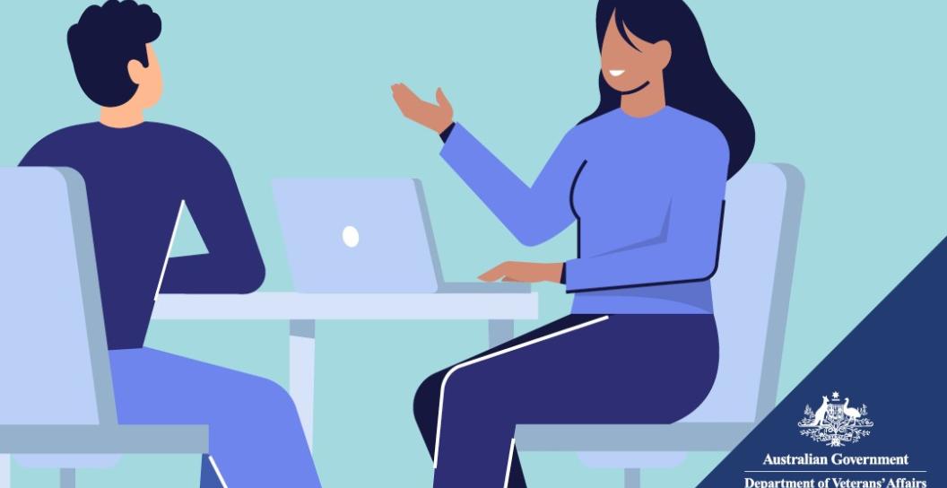 Vector art, shades of blue: drawing of two people in conversation, sitting at table with computer. DVA logo, bottom right corner.