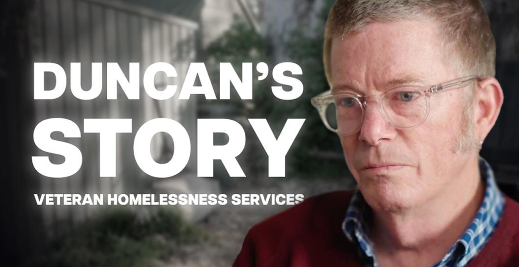 Image of middle aged man with title saying 'Duncan's story - veteran homelessness services