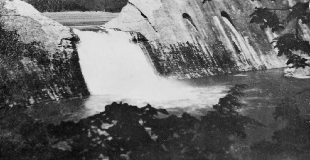 The Eder Dam after it was breached by bouncing bombs dropped by specially modified Lancaster bombers of 617 Squadron RAF. AWM