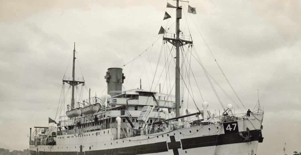 Sydney, NSW. 1943. Starboard bow view of the hospital ship Centaur, AWM