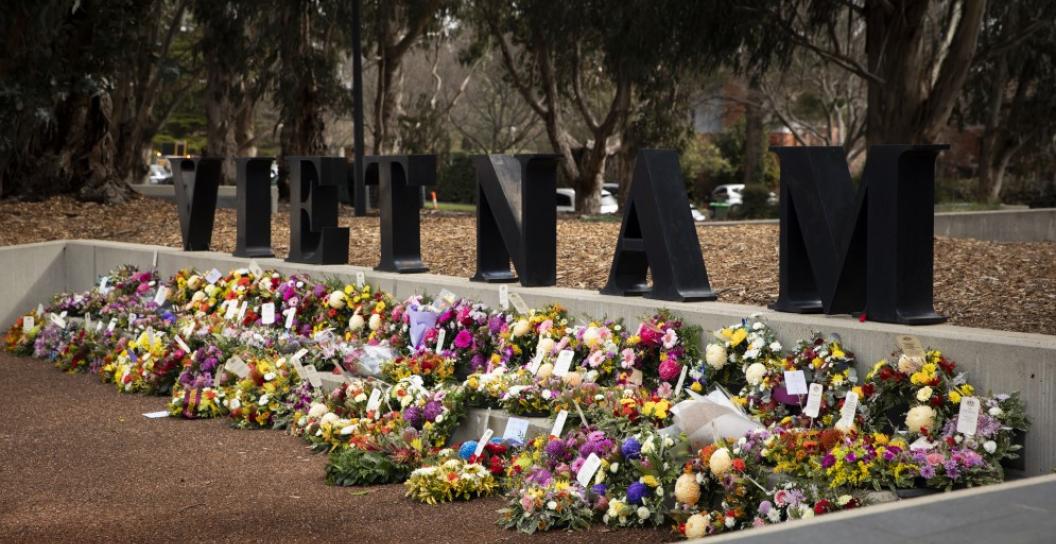 Many wreaths were placed in front of the Vietnam Forces National Memorial in Canberra