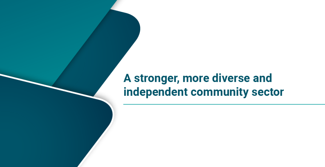 a logo in light and dark teal with the words A stronger, more diverse and independent community sector