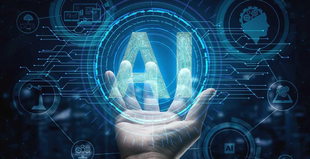 A hand reaching out with overlay of various digital online icons including the letters AI