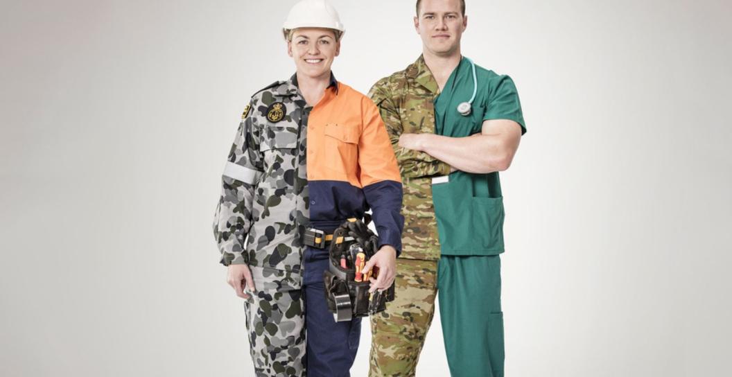 2 people wearing half ADF uniform and half other uniform (nurse and engineer)