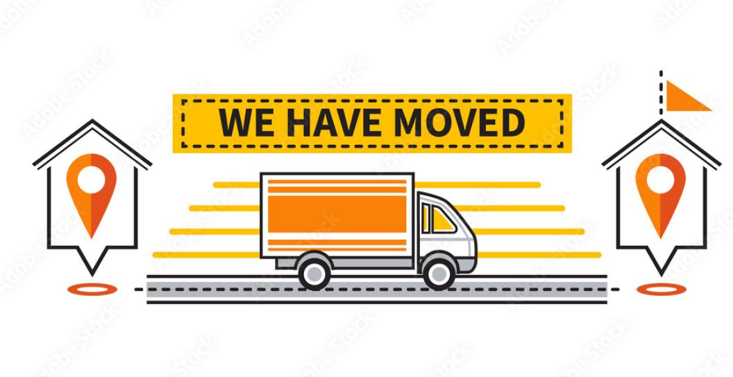 An image of a building, moving truck and another building. With the words 'we have moved' above them