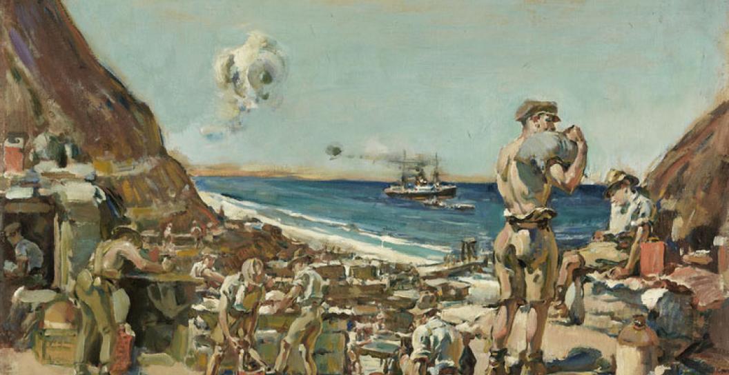Depicts a supply station at Anzac Cove with several soldiers carrying stores. A semi clothed soldier in the foreground with a sandbag over his right shoulder. A warship in the far distance out to sea.