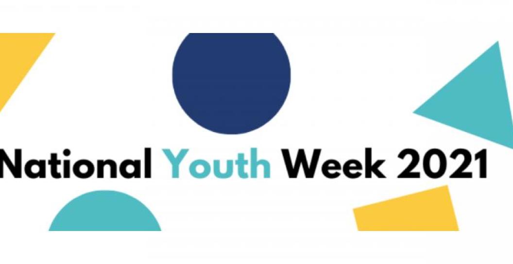 Image with words 'National Youth Week 2021' surrounded by colourful shapes of circles, triangles and rectangles with the DVA logo in the bottom right corner