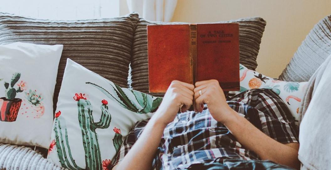 A man lying back on a couch or bed with many cushions. He is holding up a book which is obscuring his face.