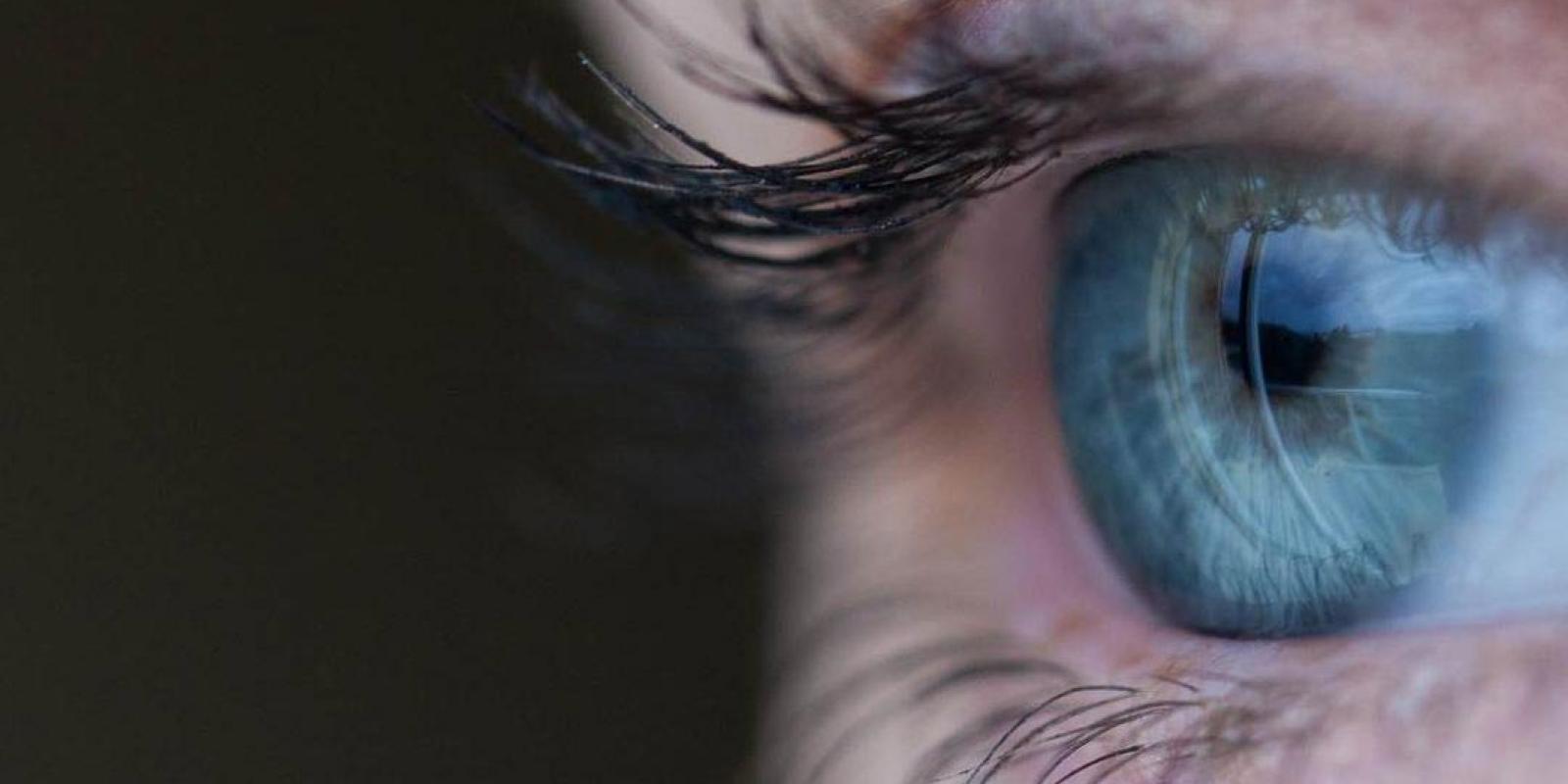 A blue human eye, black eyelash and fair skin tone.