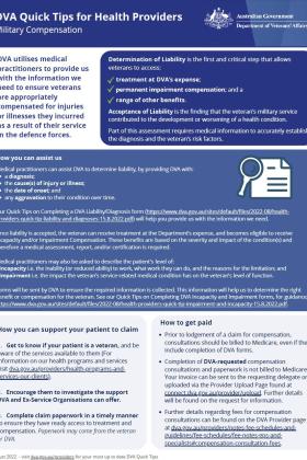 Screenshot of the DVA Quick Tips for health providers – Military compensation poster.