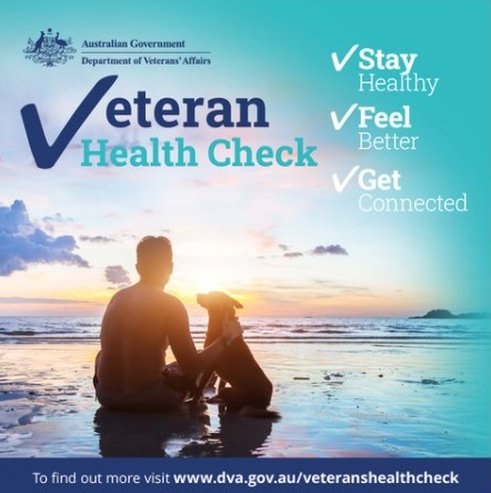 Department of Veterans’ Affairs VHC advertisement. ✓ Stay healthy. ✓ Feel better. ✓ Get connected. A man and his dog are sitting on wet sand at the beach during sunrise.